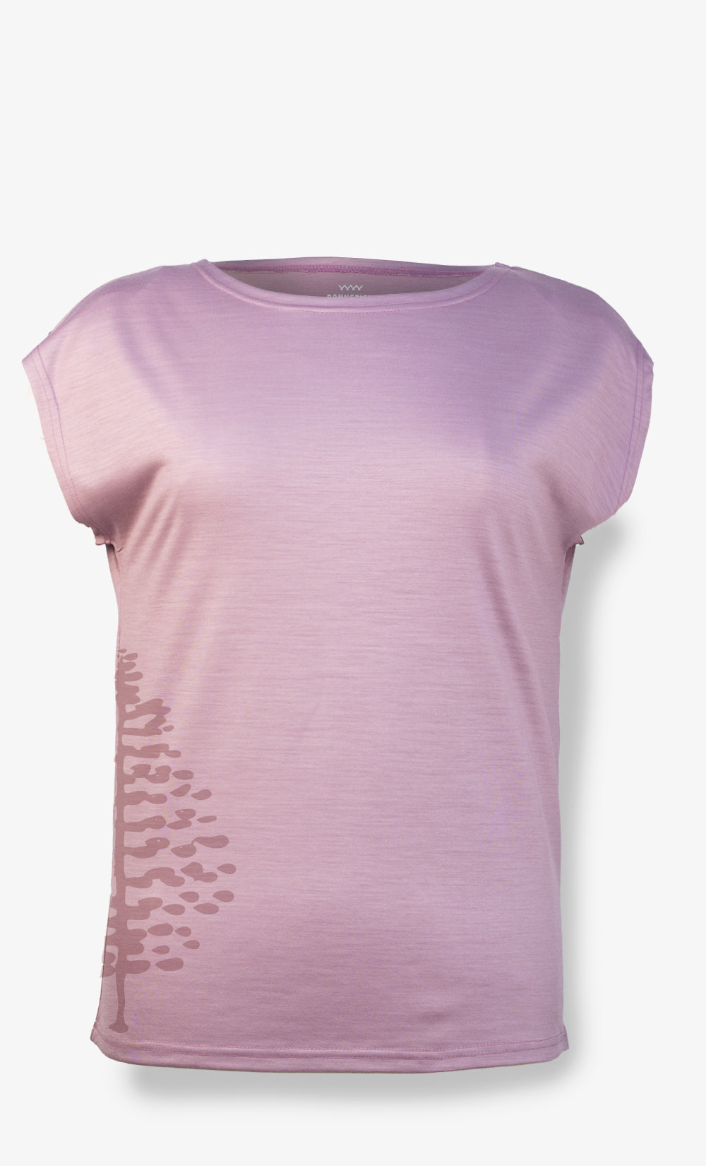 T-shirt mérinos femme mauve pâle ultra léger, respirant et confortable, idéal pour le voyage et les activités de plein air.

