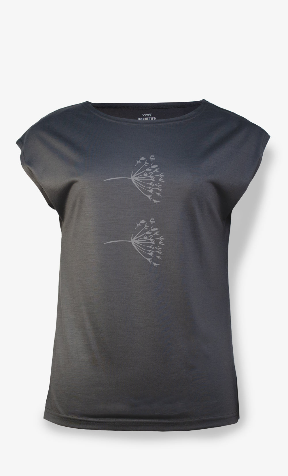T-shirt femme en laine de mérinos gris truffe avec imprimé pissenlit BONNETIER ultra léger fabriqué au Canada