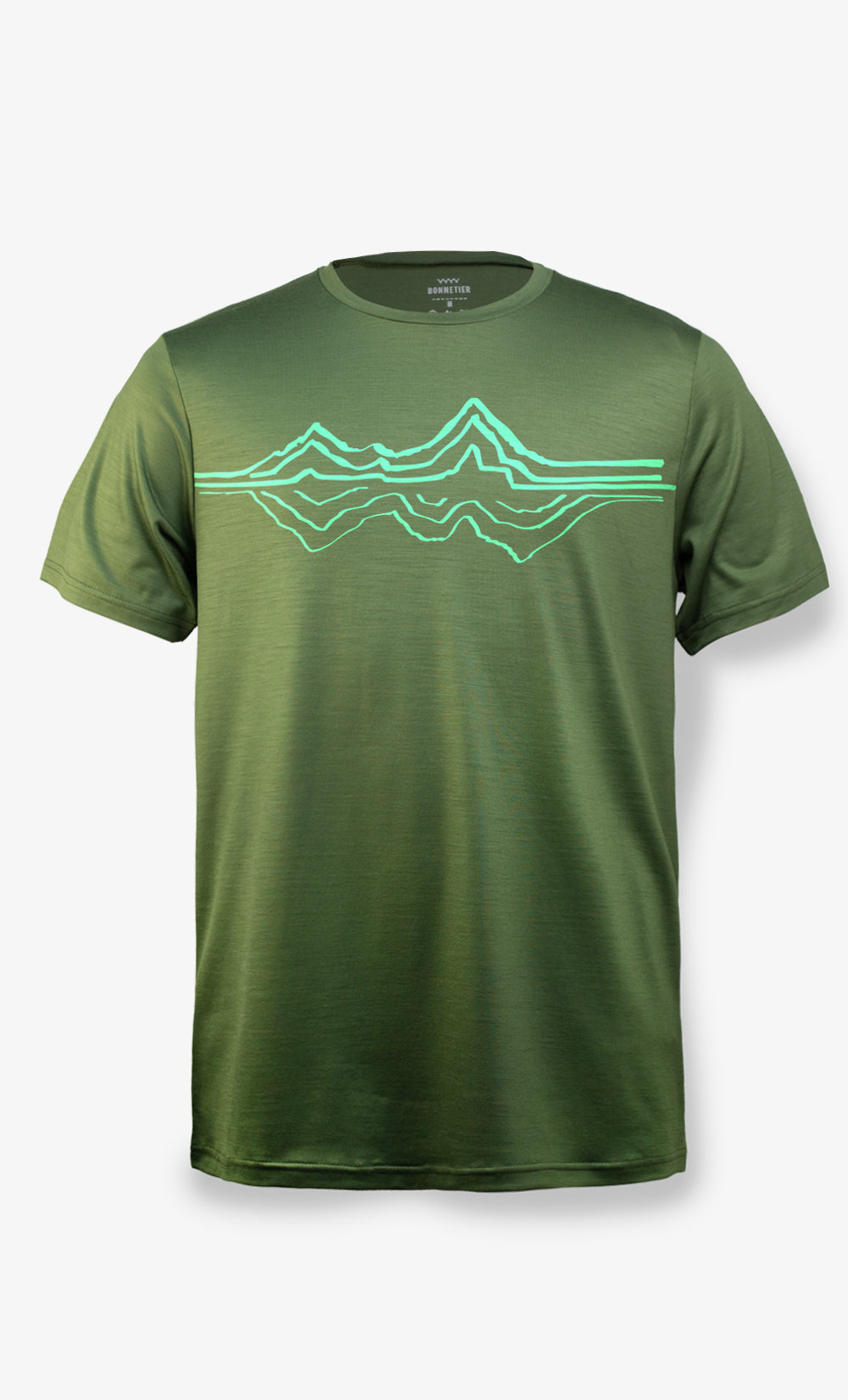 T-shirt mérinos kaki homme avec imprimé montagne reflex Bonnetier fabriqué au Canada